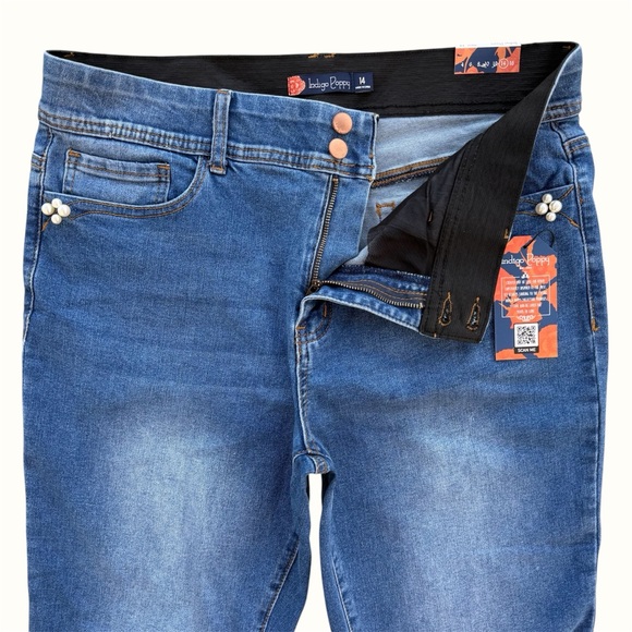 Indigo Poppy Pearl Bead Bootcut High-Rise Stretch Jeans ~ Women’s 14 - Picture 5 of 10